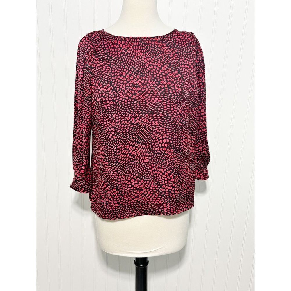 Banana Republic Womens Animal Print Blouse Top Puff Sleeve Red Black Medium‎